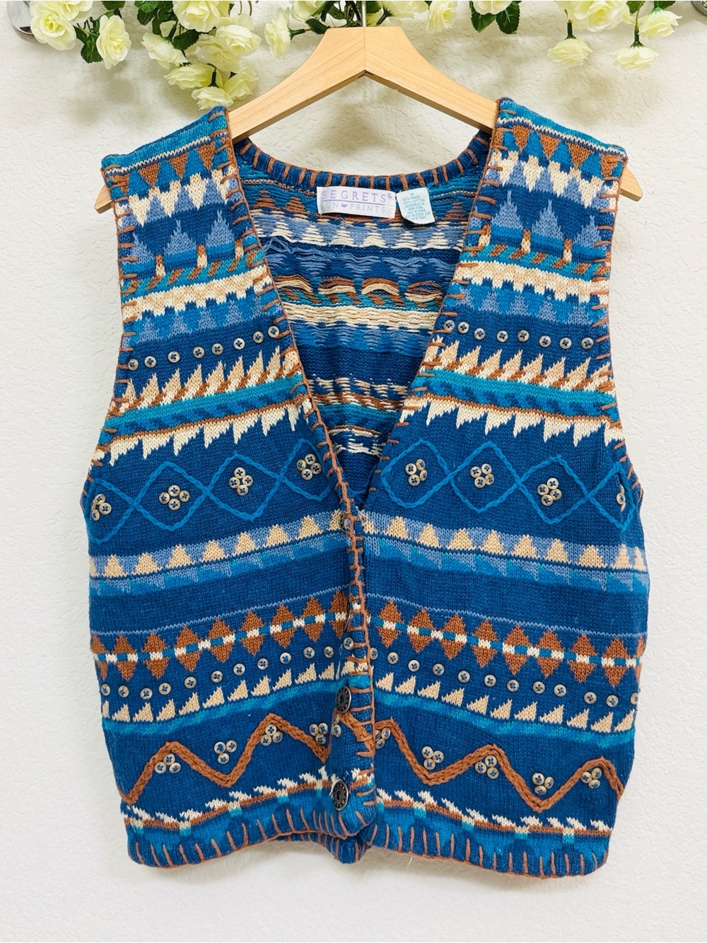 Vintage 1992 Segrets Sun Prints • Blue Embellished Sweater Vest Cottagecore